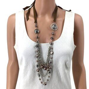 Triple Tier Necklace Layered Look Ribbon Tie Silver Tone Brown